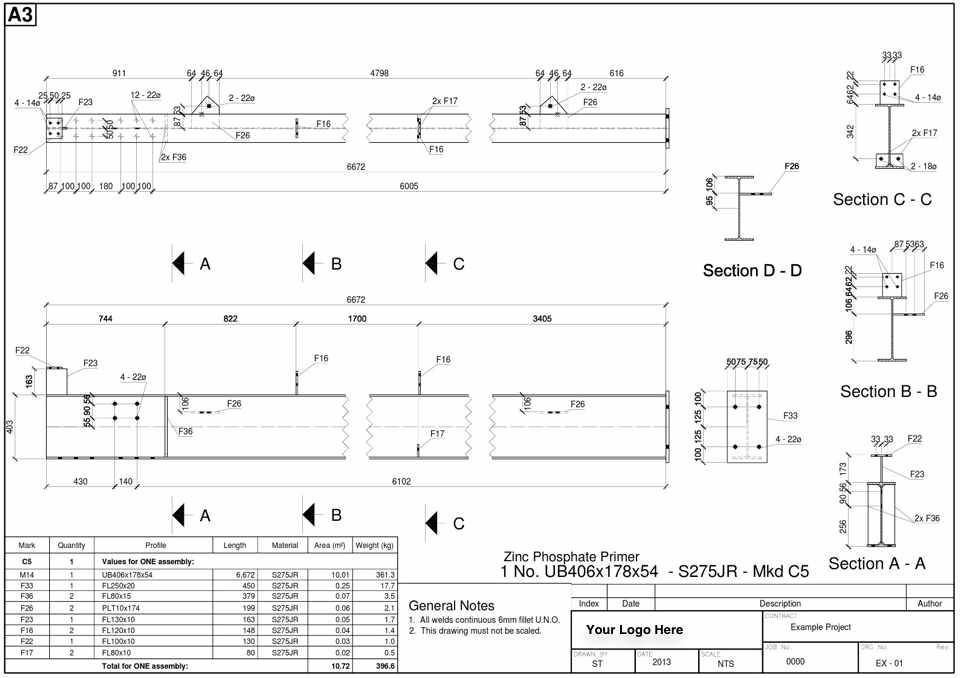 Fabrication drawing of a steel column