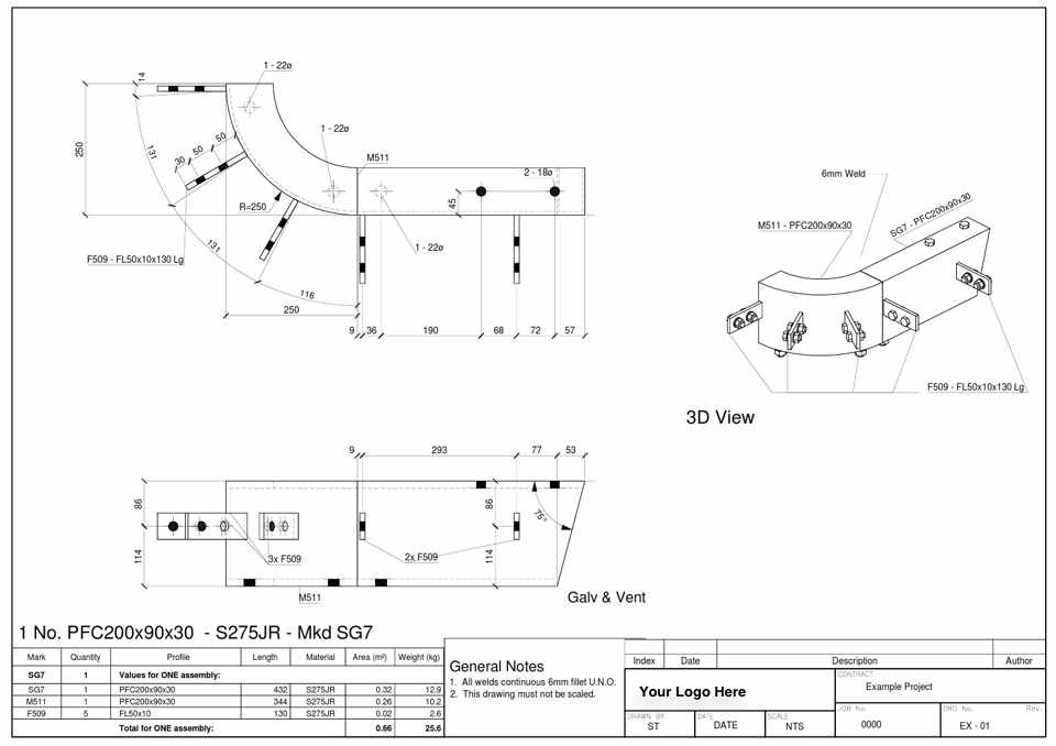 Fabrication drawing of a curved steel channel